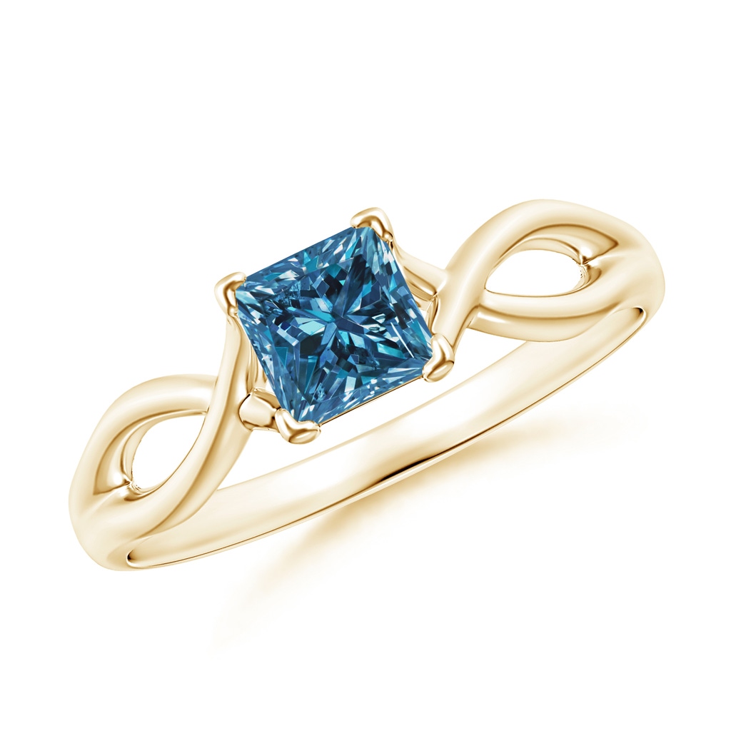 4.5mm AAA Princess-Cut Solitaire Blue Diamond Crossover Ring in Yellow Gold