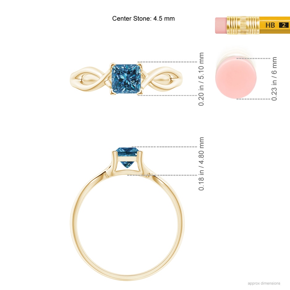 4.5mm AAA Princess-Cut Solitaire Blue Diamond Crossover Ring in Yellow Gold ruler