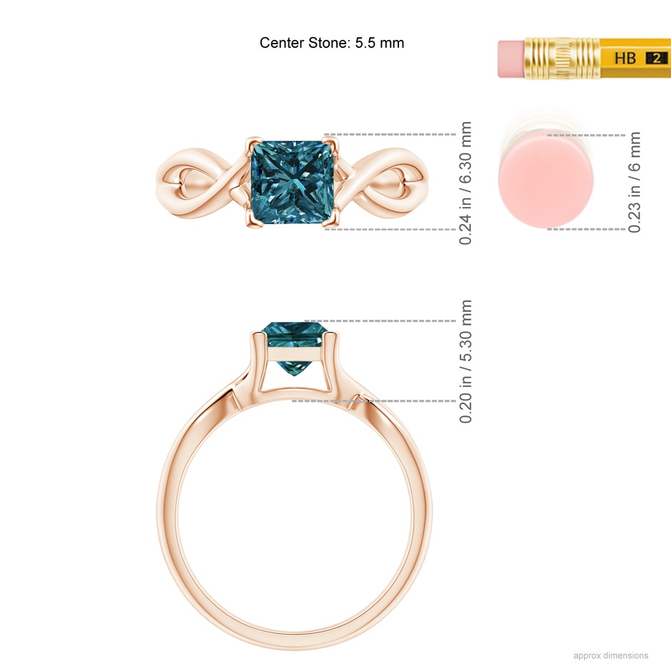 5.5mm AA Princess-Cut Solitaire Blue Diamond Crossover Ring in Rose Gold ruler