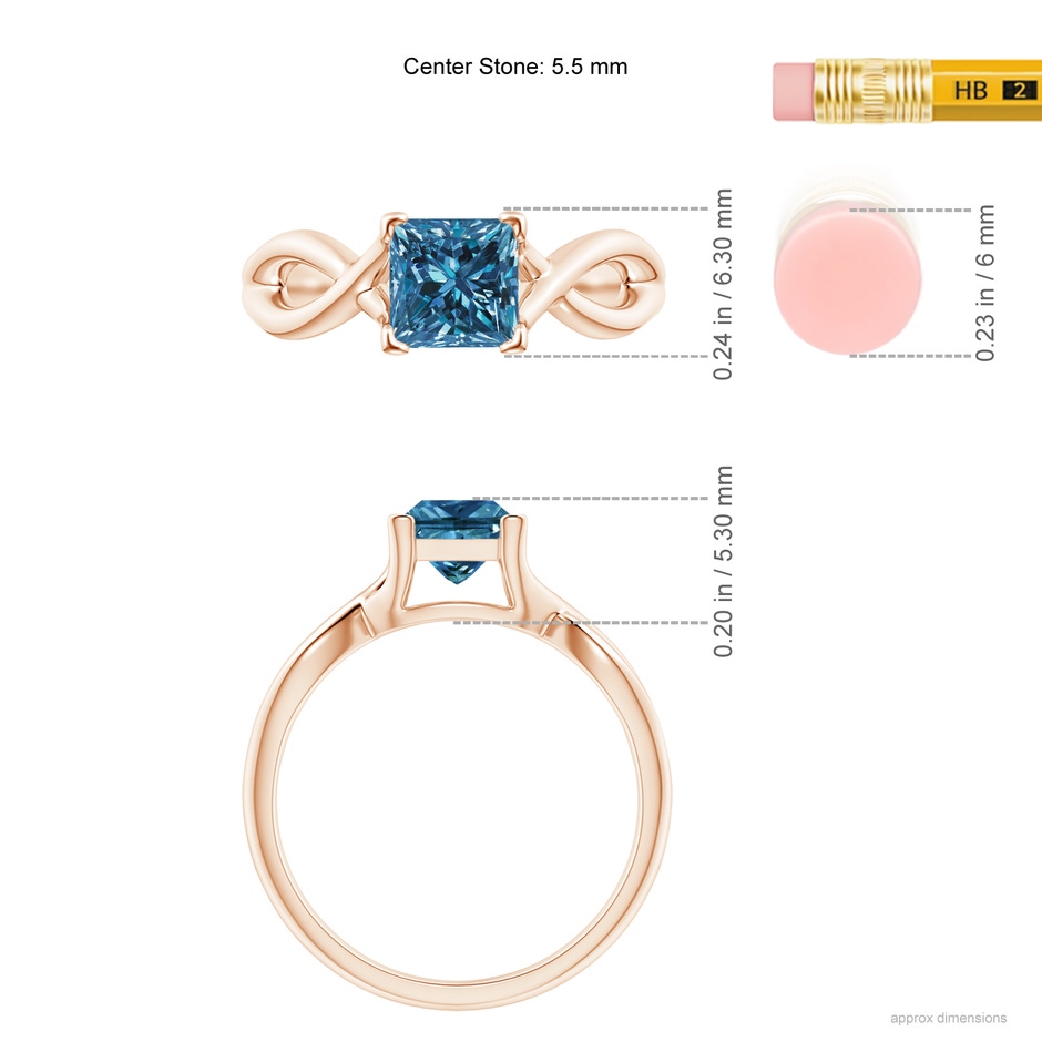 5.5mm AAA Princess-Cut Solitaire Blue Diamond Crossover Ring in Rose Gold ruler