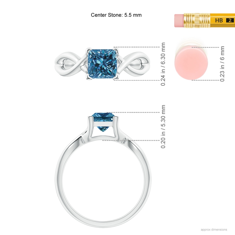 5.5mm AAA Princess-Cut Solitaire Blue Diamond Crossover Ring in White Gold ruler