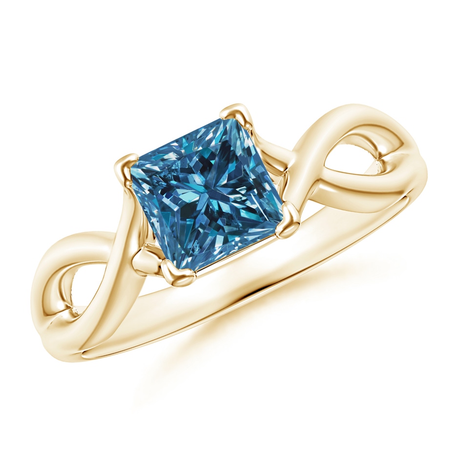5.5mm AAA Princess-Cut Solitaire Blue Diamond Crossover Ring in Yellow Gold 