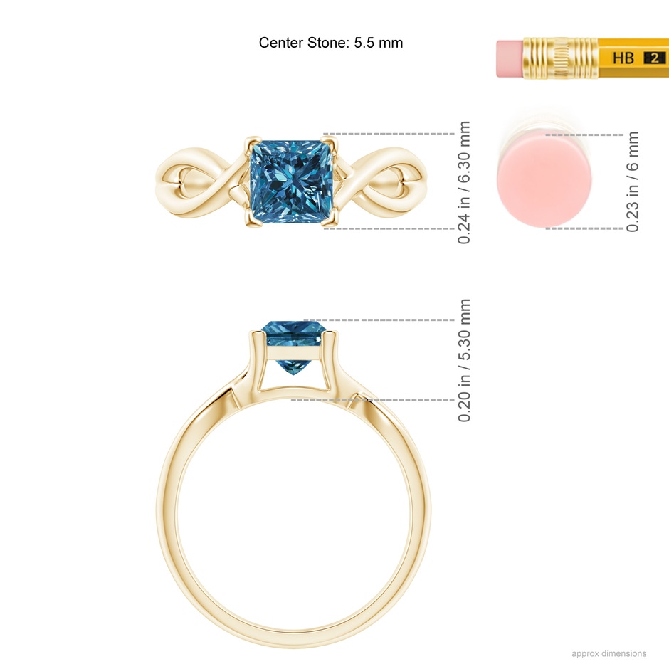 5.5mm AAA Princess-Cut Solitaire Blue Diamond Crossover Ring in Yellow Gold ruler