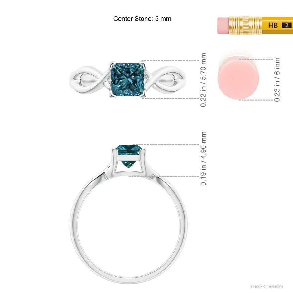 5mm AA Princess-Cut Solitaire Blue Diamond Crossover Ring in P950 Platinum ruler