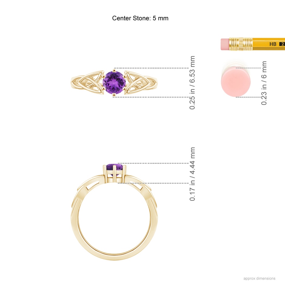 5mm AAA Solitaire Round Amethyst Celtic Knot Ring in Yellow Gold ruler