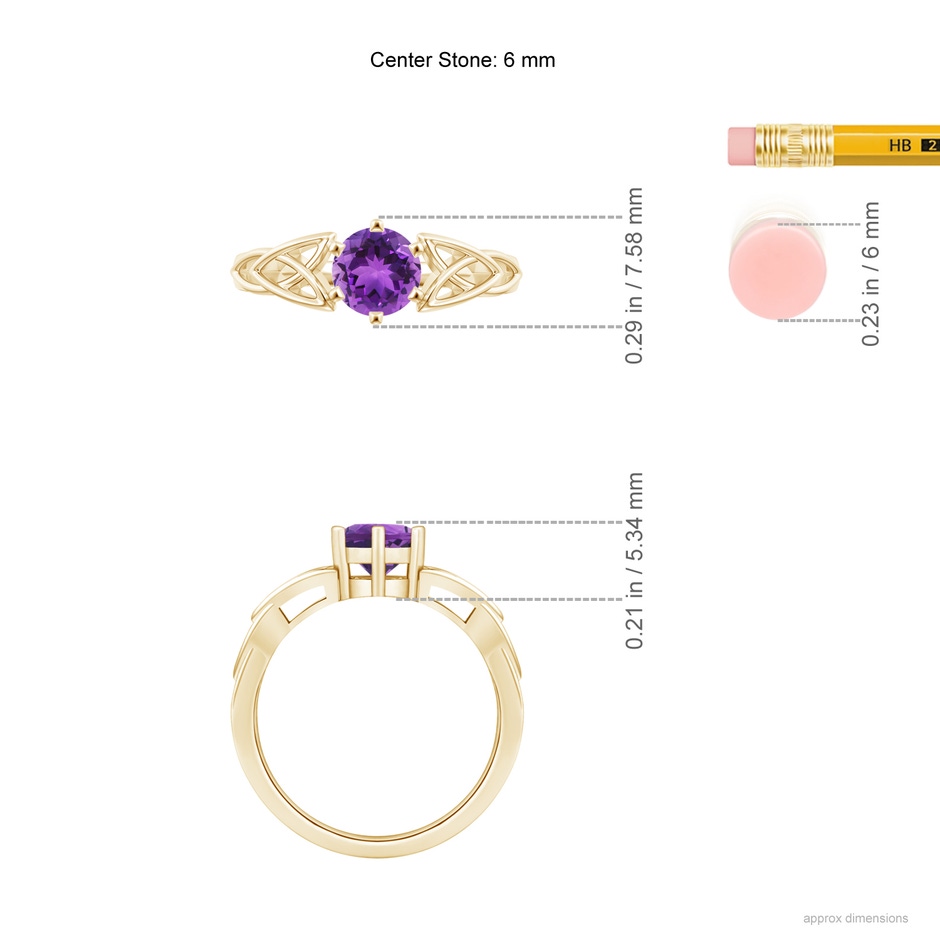 6mm AAA Solitaire Round Amethyst Celtic Knot Ring in Yellow Gold ruler