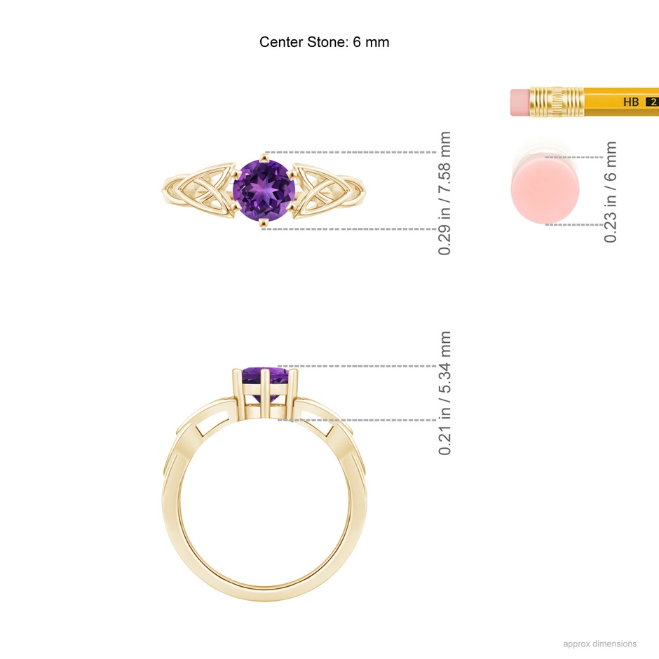 6mm AAAA Solitaire Round Amethyst Celtic Knot Ring in Yellow Gold ruler