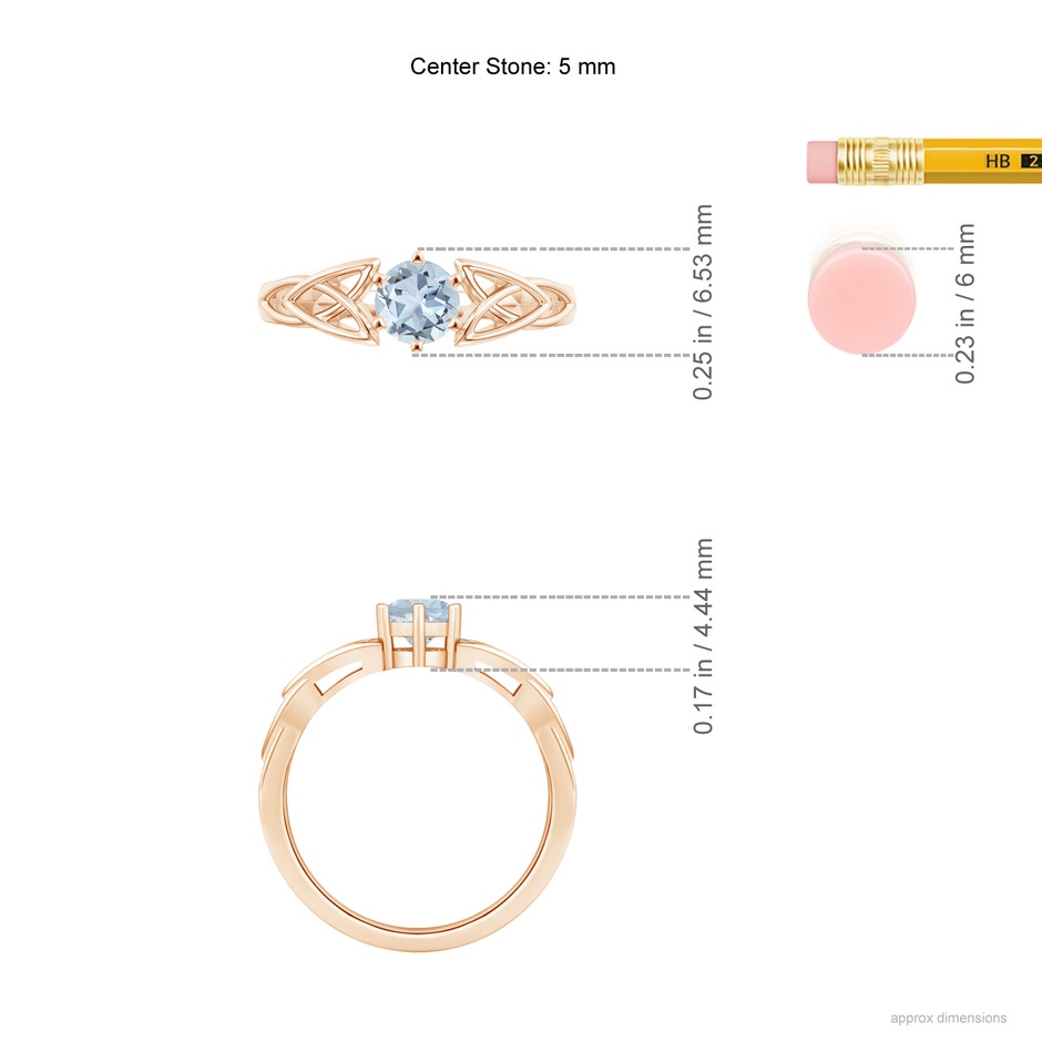 5mm A Solitaire Round Aquamarine Celtic Knot Ring in 18K Rose Gold ruler
