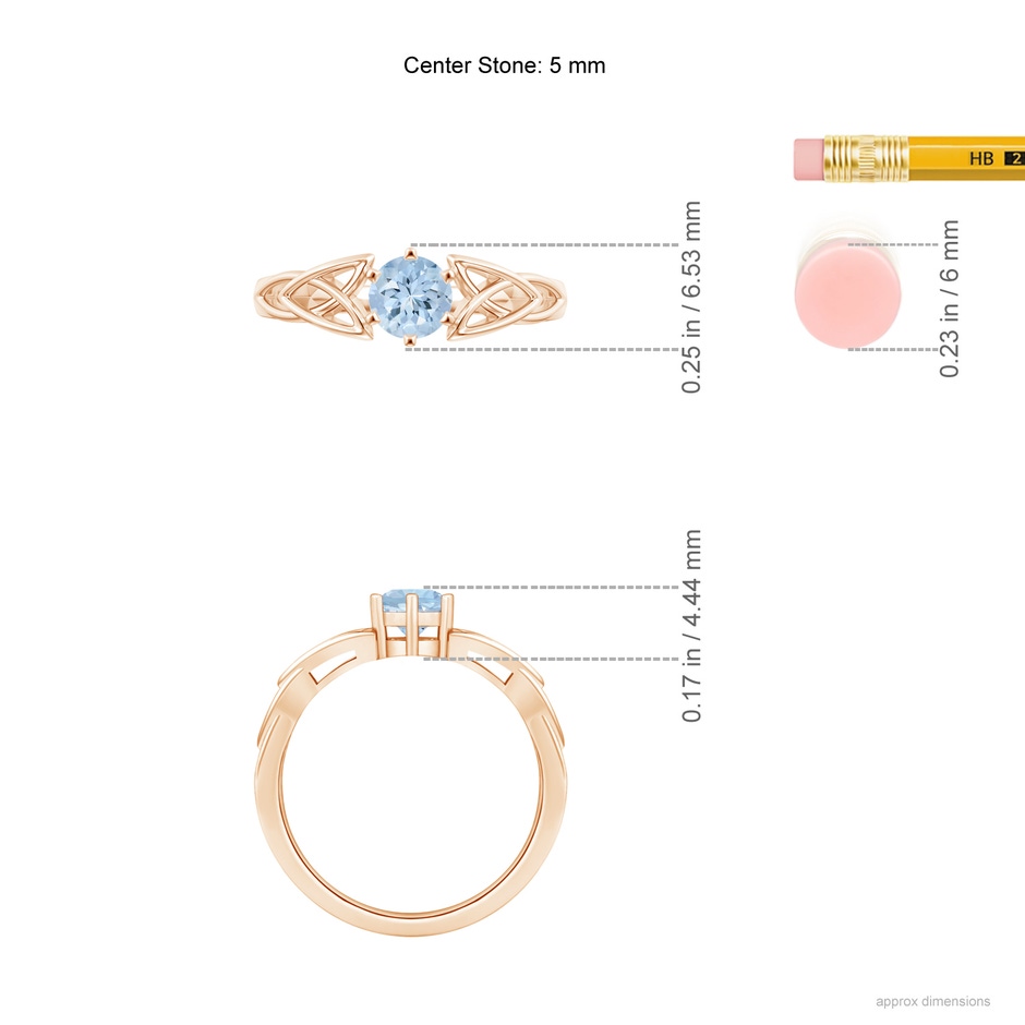 5mm AA Solitaire Round Aquamarine Celtic Knot Ring in Rose Gold ruler