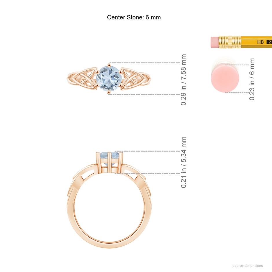 6mm A Solitaire Round Aquamarine Celtic Knot Ring in Rose Gold ruler