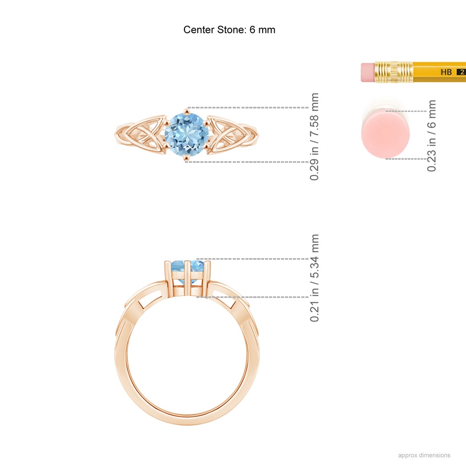 6mm AAAA Solitaire Round Aquamarine Celtic Knot Ring in 18K Rose Gold ruler