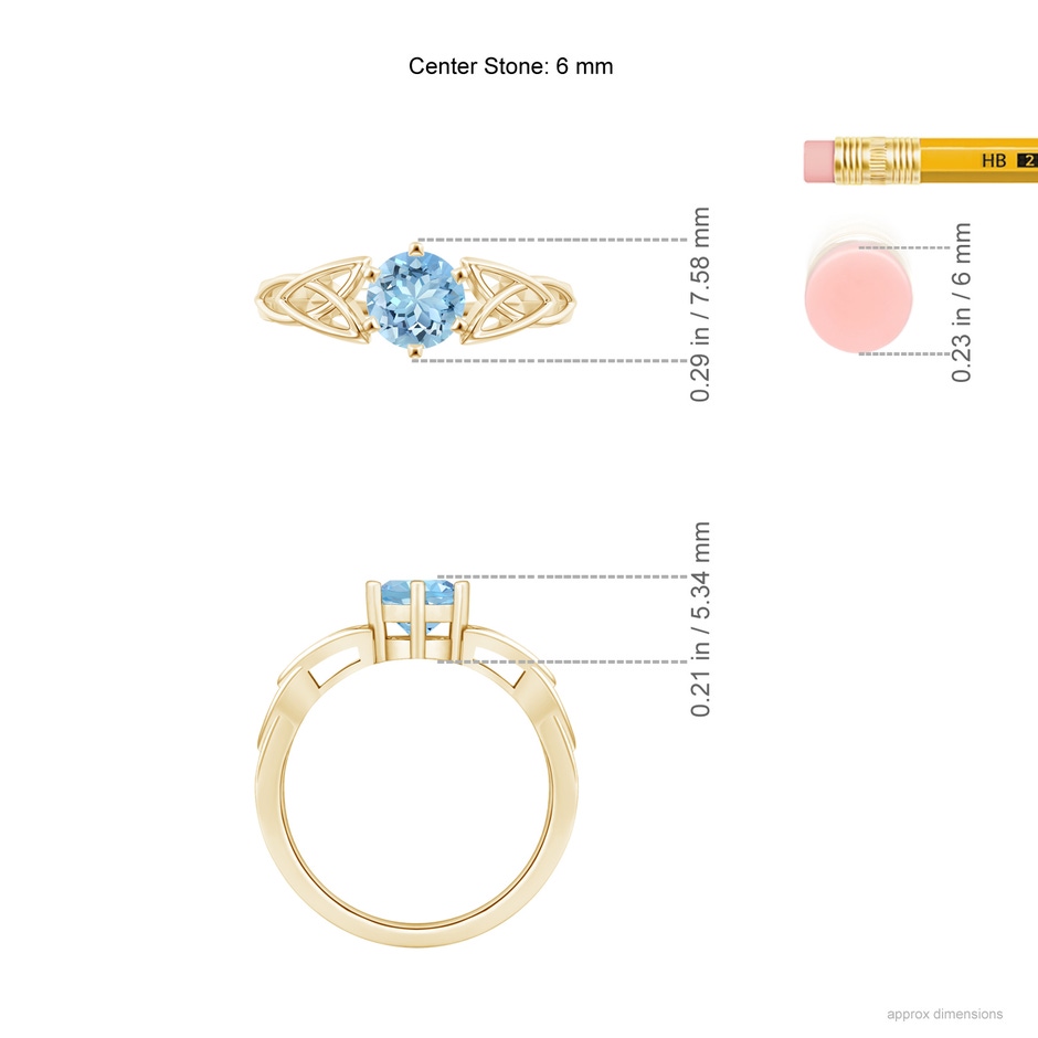 6mm AAAA Solitaire Round Aquamarine Celtic Knot Ring in 18K Yellow Gold ruler