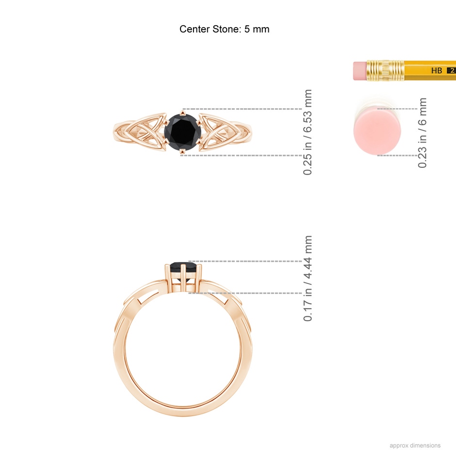 5mm AA Solitaire Round Enhanced Black Diamond Celtic Knot Ring in Rose Gold ruler