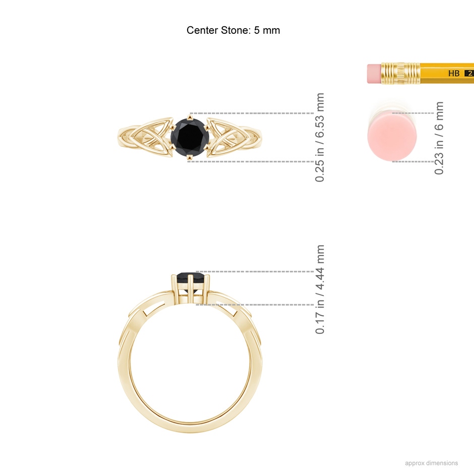 5mm AA Solitaire Round Enhanced Black Diamond Celtic Knot Ring in Yellow Gold ruler