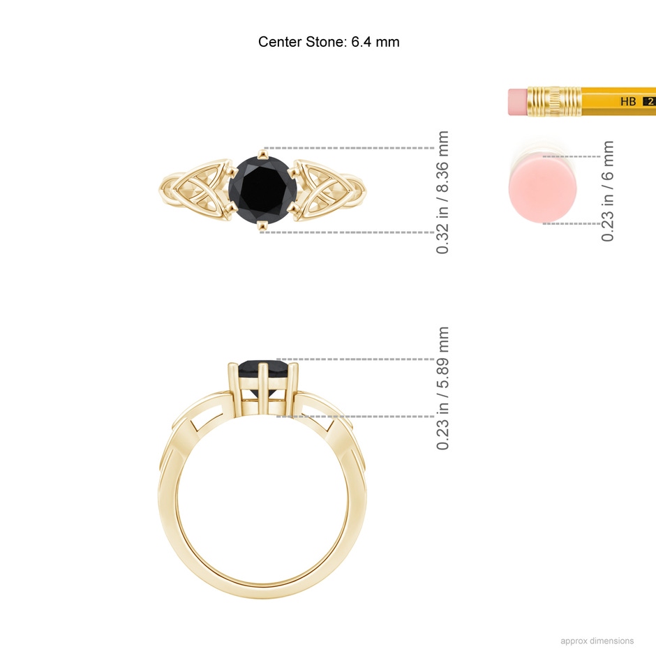 6.4mm AA Solitaire Round Enhanced Black Diamond Celtic Knot Ring in Yellow Gold ruler