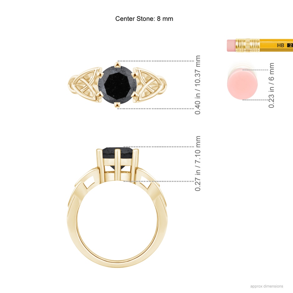 8mm A Solitaire Round Enhanced Black Diamond Celtic Knot Ring in Yellow Gold ruler