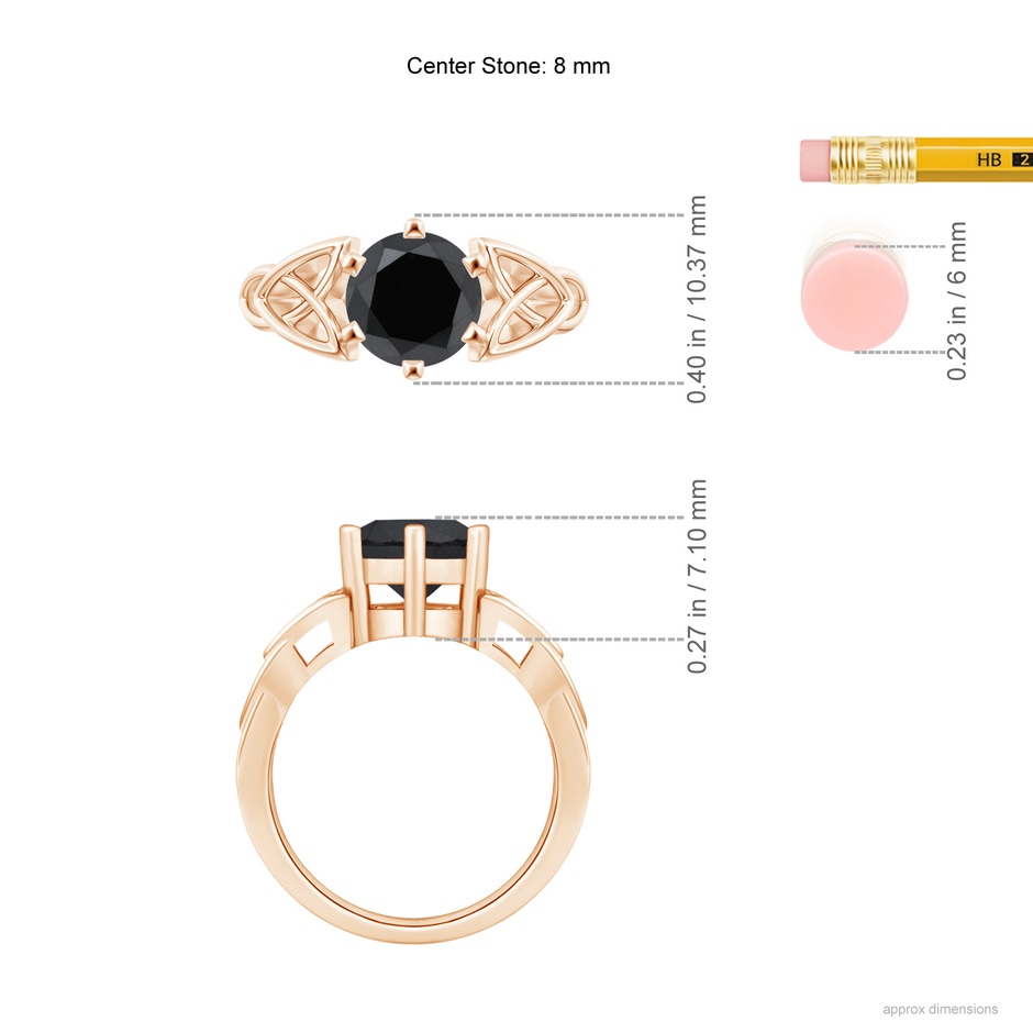 8mm AA Solitaire Round Enhanced Black Diamond Celtic Knot Ring in Rose Gold ruler