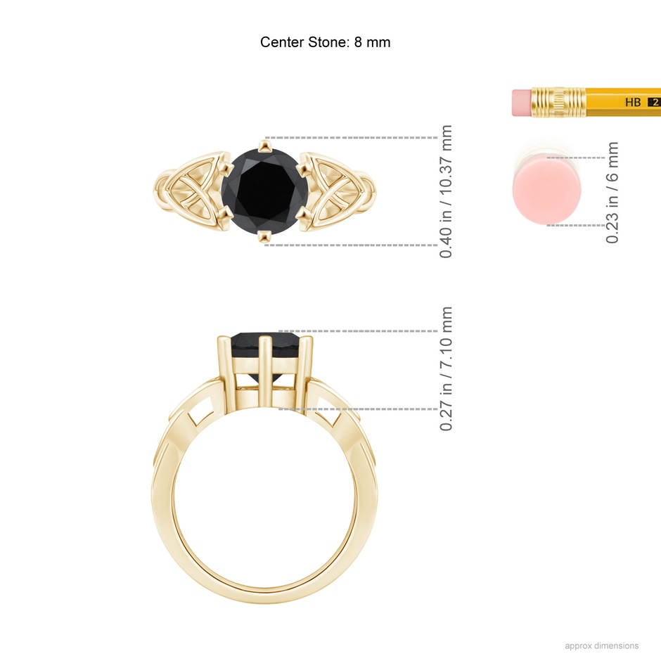 8mm AA Solitaire Round Enhanced Black Diamond Celtic Knot Ring in Yellow Gold ruler