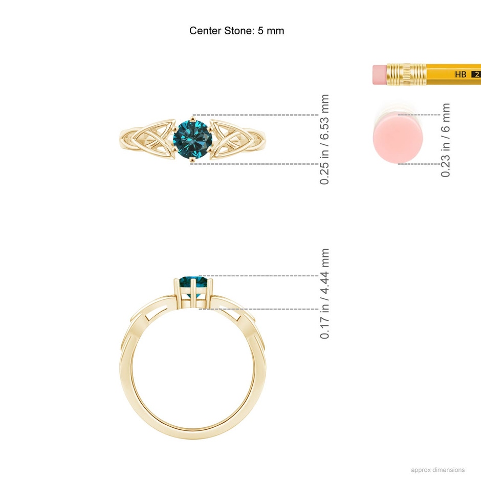 5mm AA Solitaire Round Enhanced Blue Diamond Celtic Knot Ring in Yellow Gold ruler