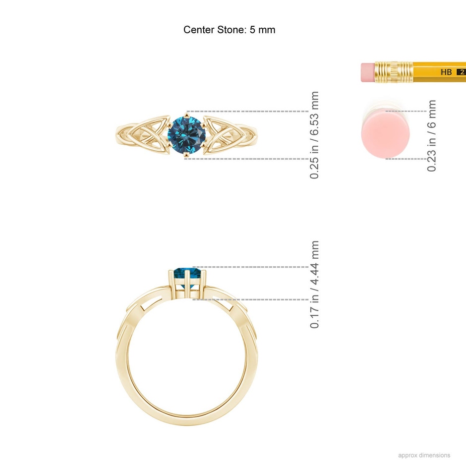 5mm AAA Solitaire Round Enhanced Blue Diamond Celtic Knot Ring in Yellow Gold ruler