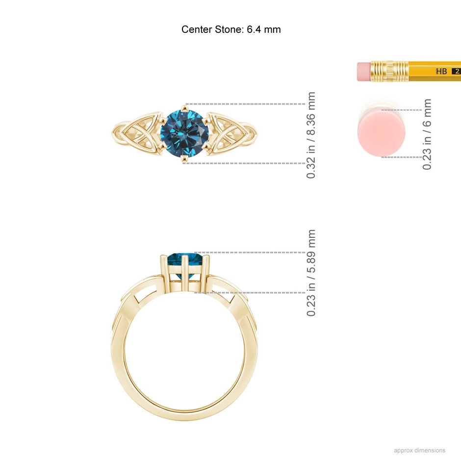 6.4mm AAA Solitaire Round Enhanced Blue Diamond Celtic Knot Ring in Yellow Gold ruler