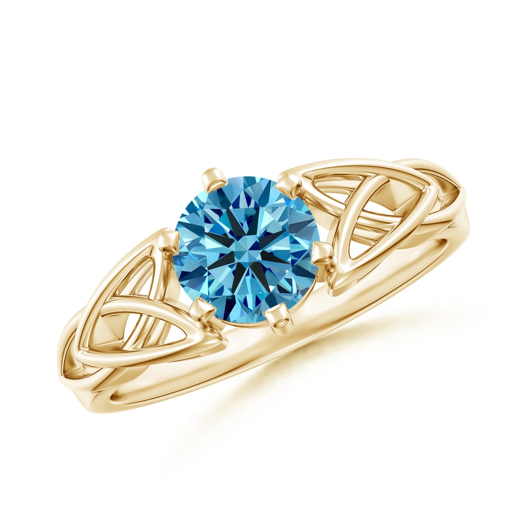 6.4mm AAAA Solitaire Round Fancy Intense Blue Diamond Celtic Knot Ring in Yellow Gold