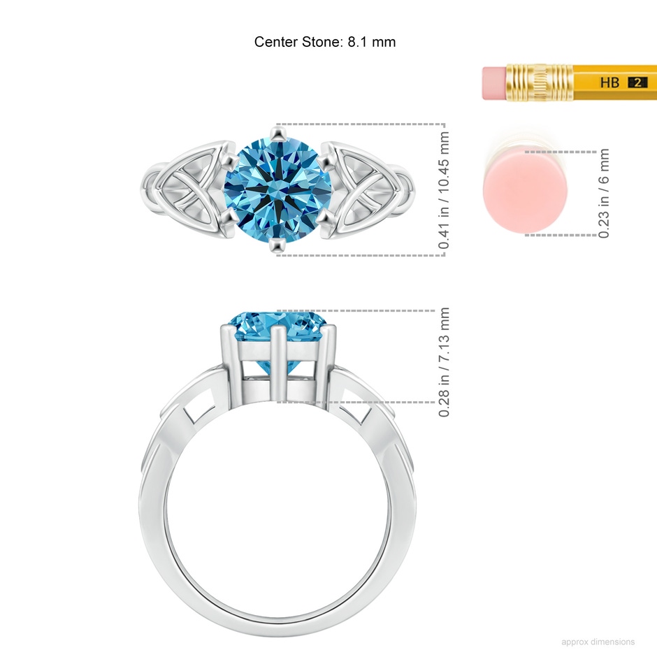 8.1mm AAAA Solitaire Round Fancy Intense Blue Diamond Celtic Knot Ring in 18K White Gold ruler