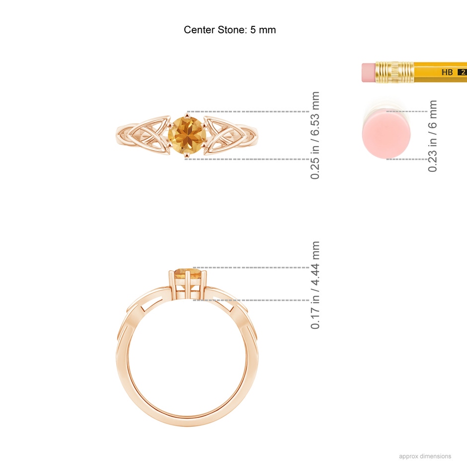 5mm A Solitaire Round Citrine Celtic Knot Ring in Rose Gold ruler
