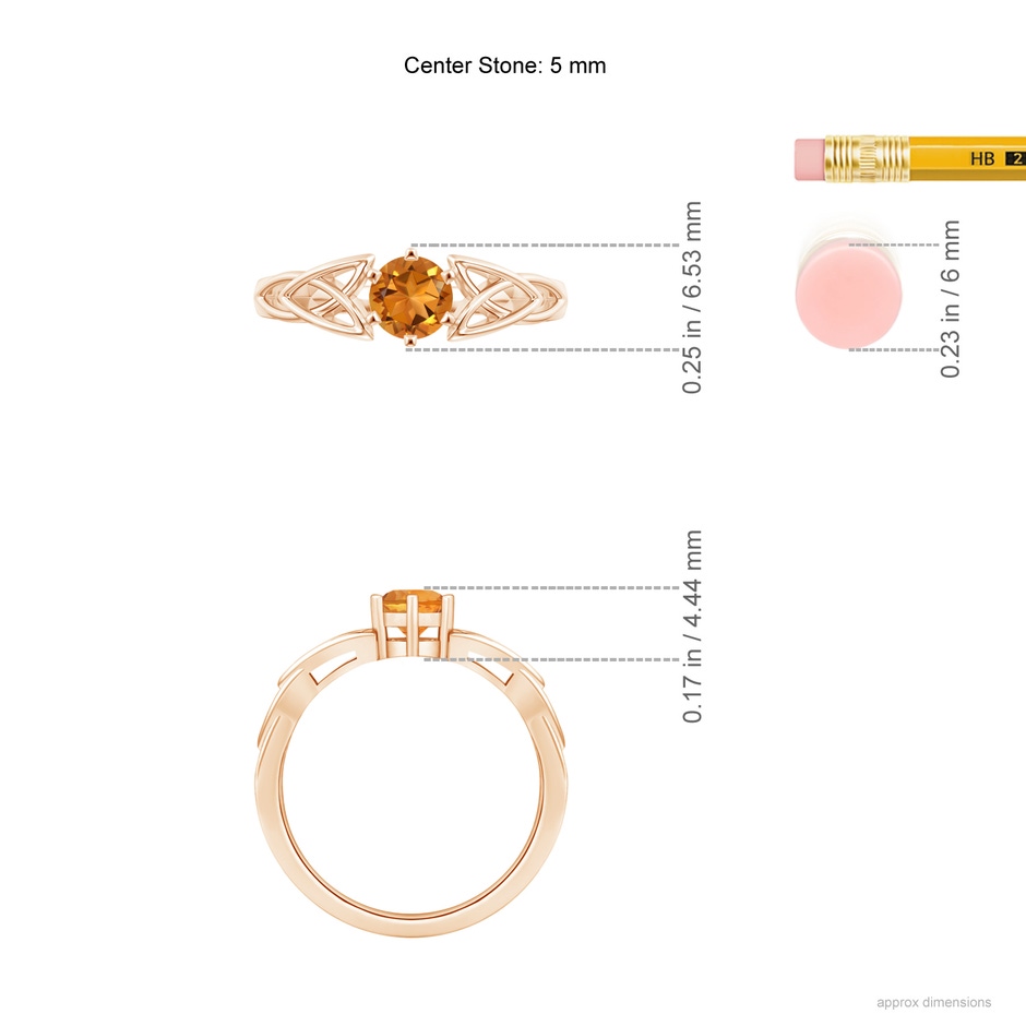 5mm AAA Solitaire Round Citrine Celtic Knot Ring in Rose Gold ruler