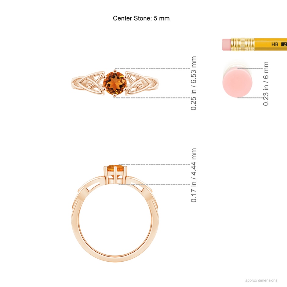 5mm AAAA Solitaire Round Citrine Celtic Knot Ring in Rose Gold ruler