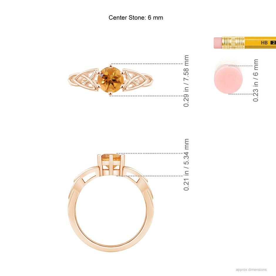 6mm AA Solitaire Round Citrine Celtic Knot Ring in Rose Gold ruler