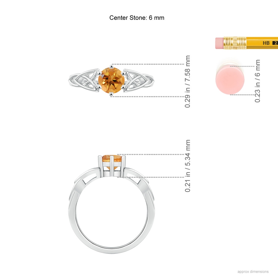 6mm AA Solitaire Round Citrine Celtic Knot Ring in White Gold ruler