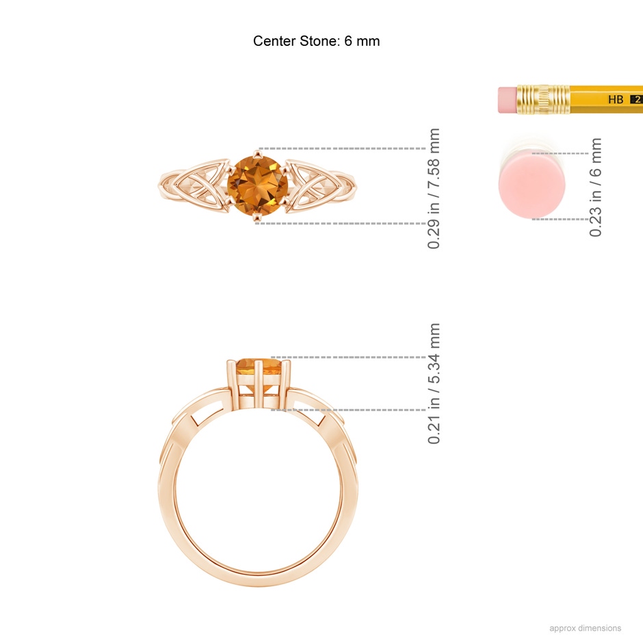 6mm AAA Solitaire Round Citrine Celtic Knot Ring in Rose Gold ruler