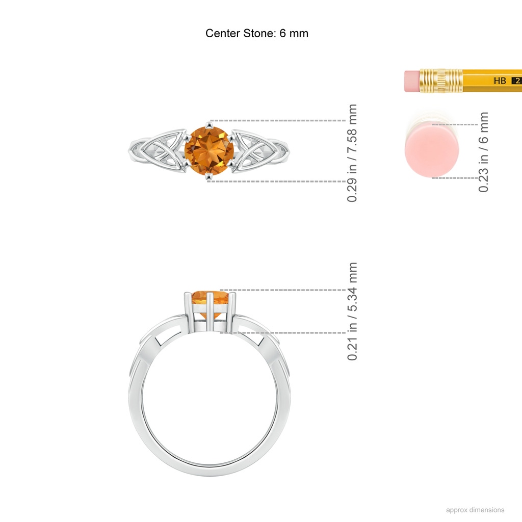 6mm AAA Solitaire Round Citrine Celtic Knot Ring in White Gold Ruler