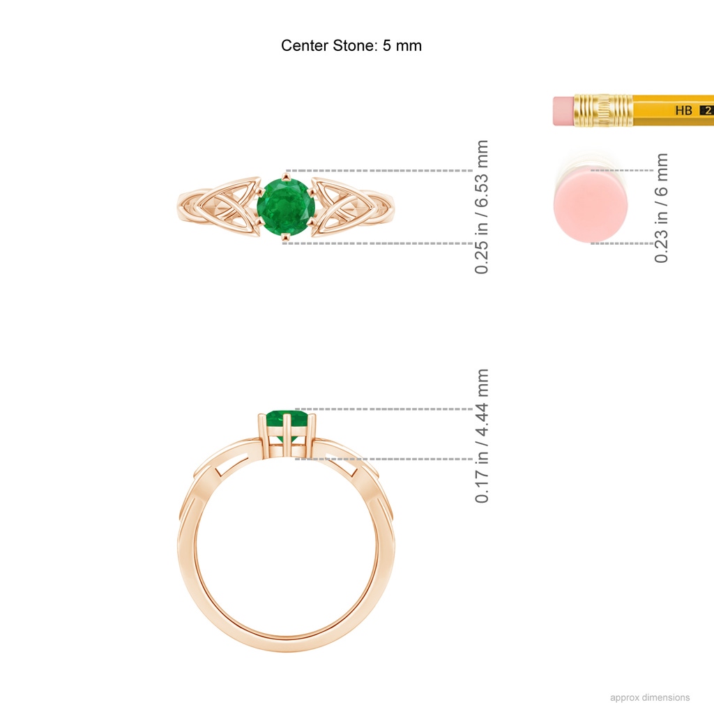 5mm AA Solitaire Round Emerald Celtic Knot Ring in Rose Gold ruler