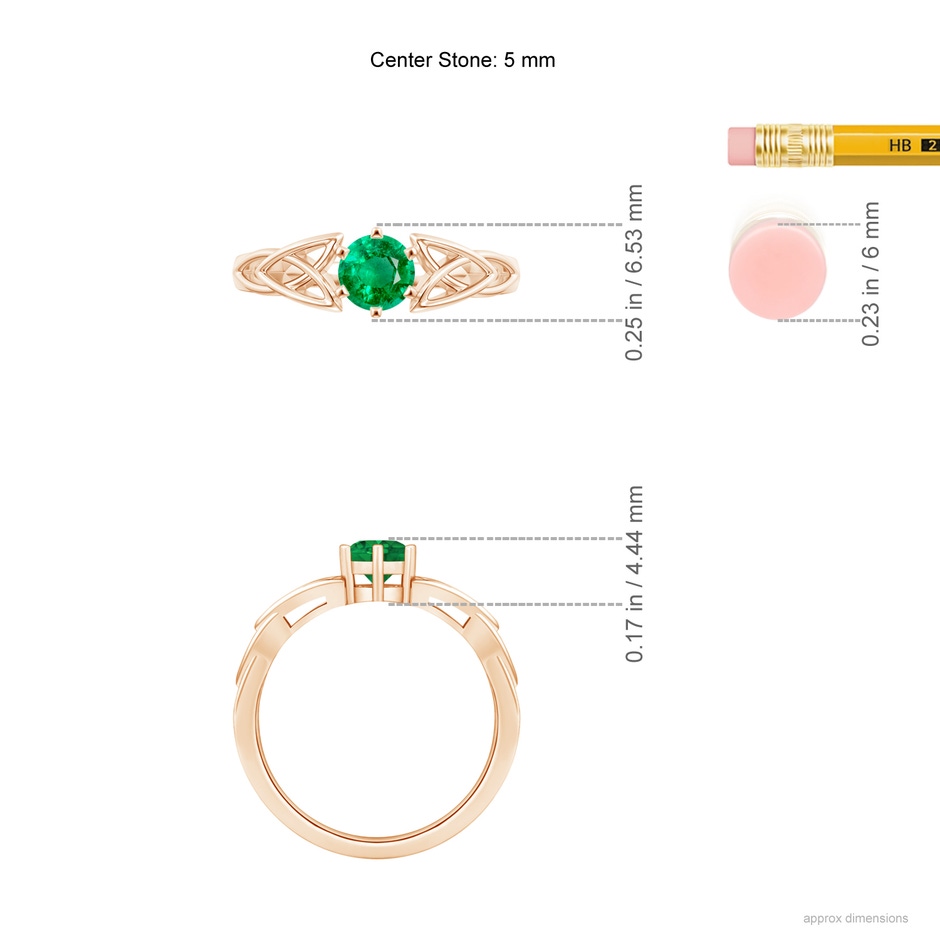 5mm AAA Solitaire Round Emerald Celtic Knot Ring in Rose Gold ruler