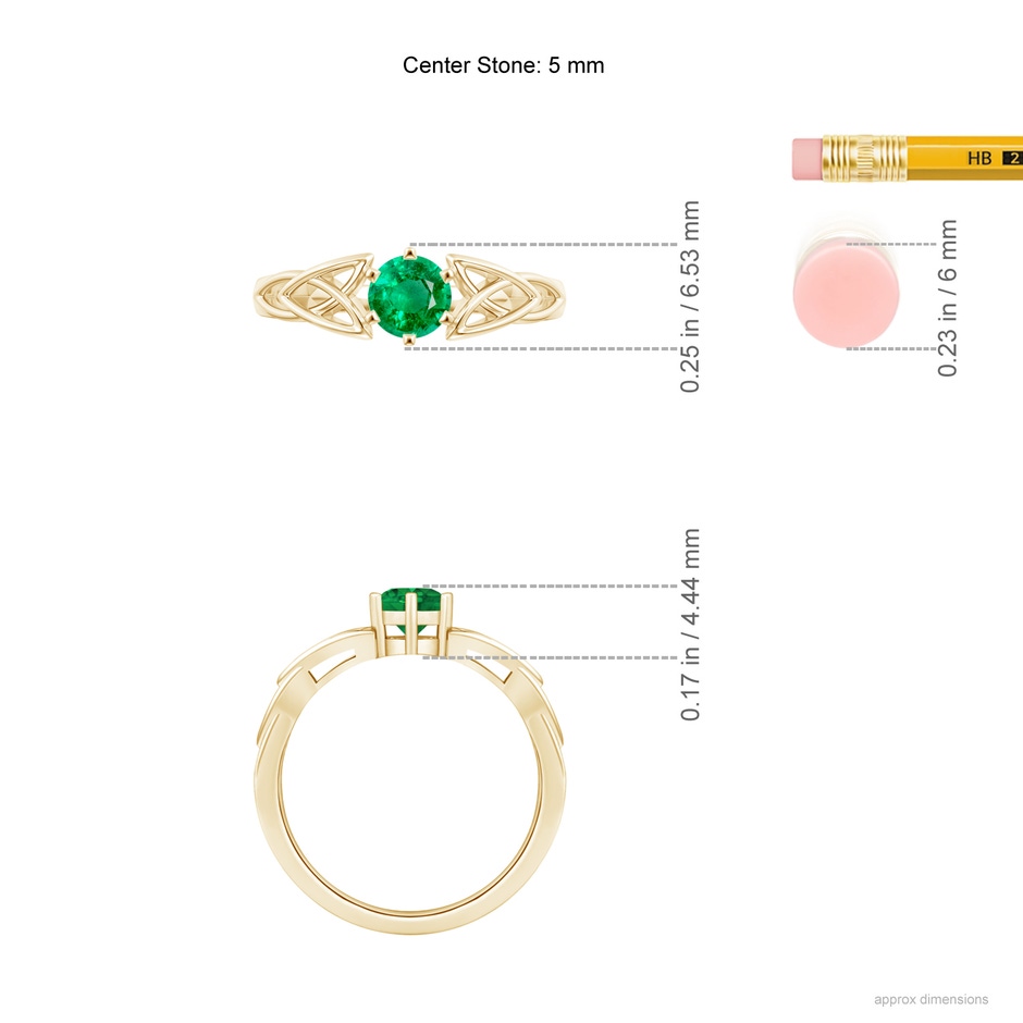 5mm AAA Solitaire Round Emerald Celtic Knot Ring in Yellow Gold ruler