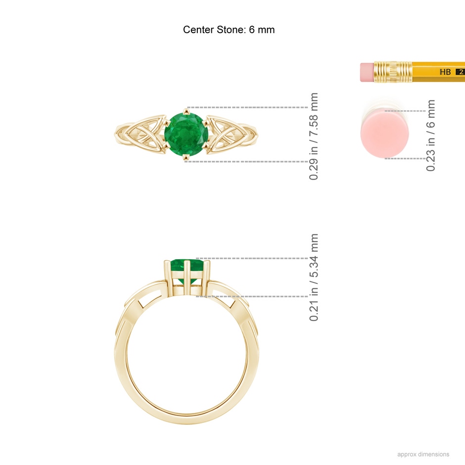 6mm AA Solitaire Round Emerald Celtic Knot Ring in Yellow Gold ruler