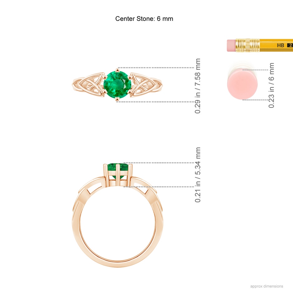 6mm AAA Solitaire Round Emerald Celtic Knot Ring in Rose Gold ruler