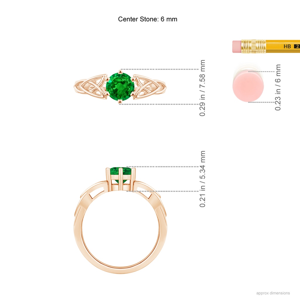 6mm AAAA Solitaire Round Emerald Celtic Knot Ring in Rose Gold ruler