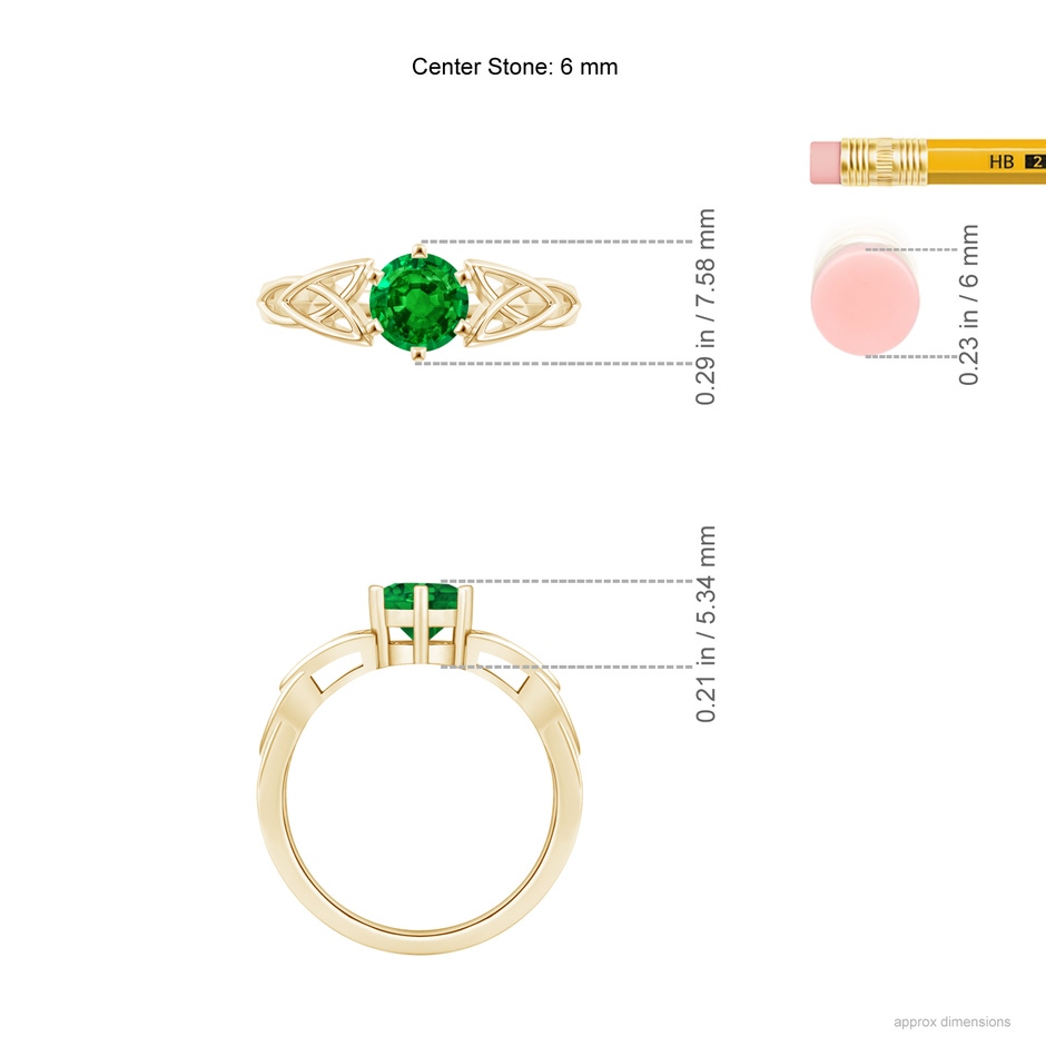 6mm AAAA Solitaire Round Emerald Celtic Knot Ring in Yellow Gold ruler
