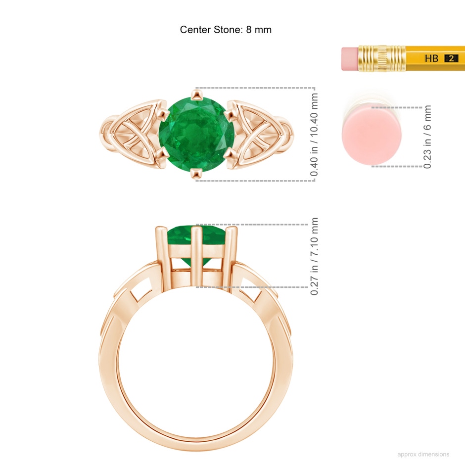 8mm AA Solitaire Round Emerald Celtic Knot Ring in Rose Gold ruler
