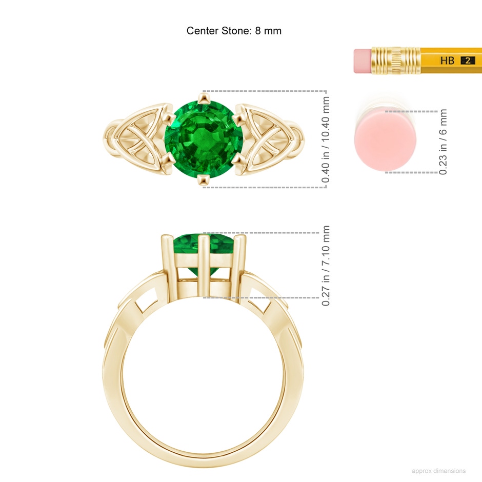 8mm AAAA Solitaire Round Emerald Celtic Knot Ring in Yellow Gold ruler