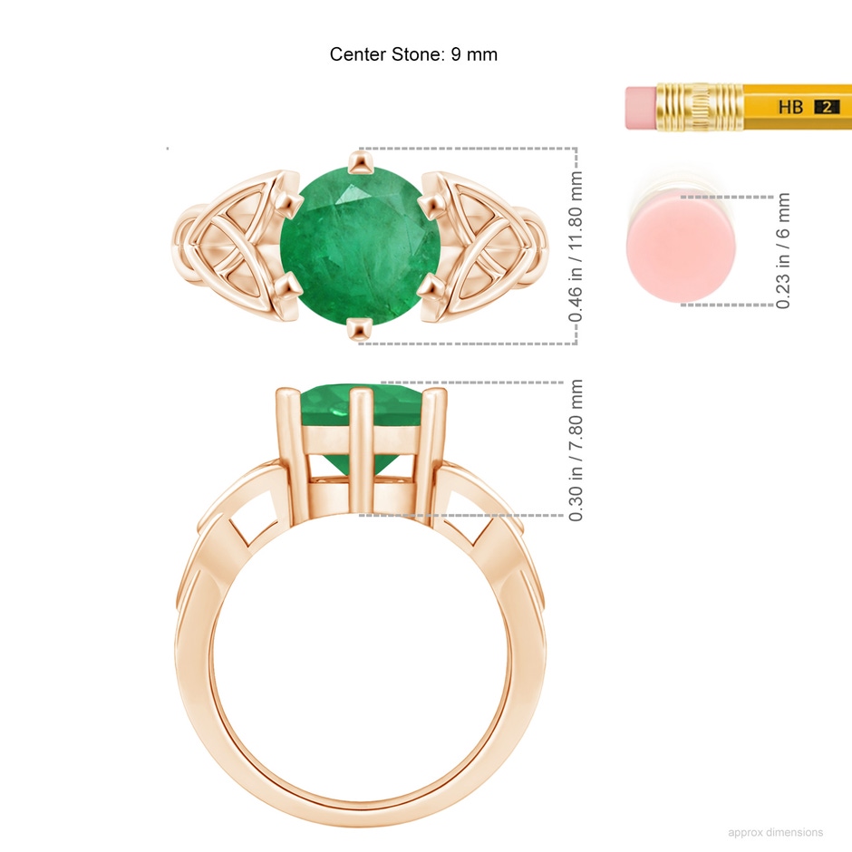 9mm A Solitaire Round Emerald Celtic Knot Ring in Rose Gold ruler