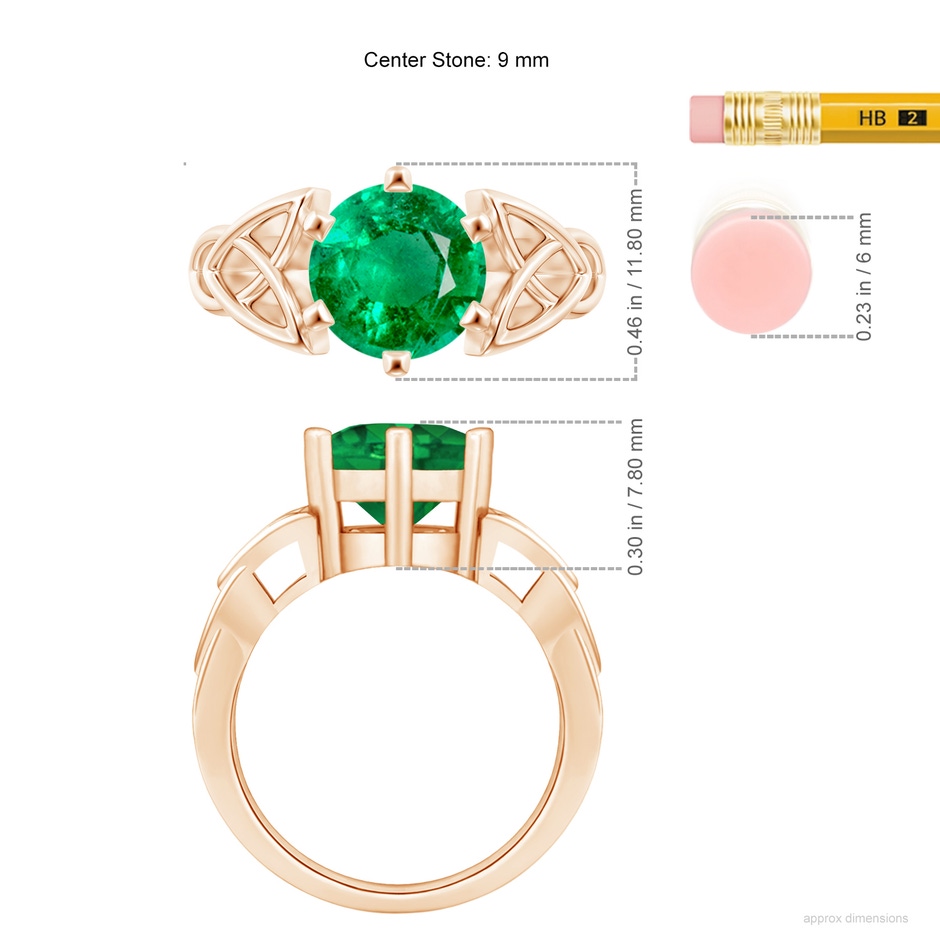 9mm AAA Solitaire Round Emerald Celtic Knot Ring in Rose Gold ruler