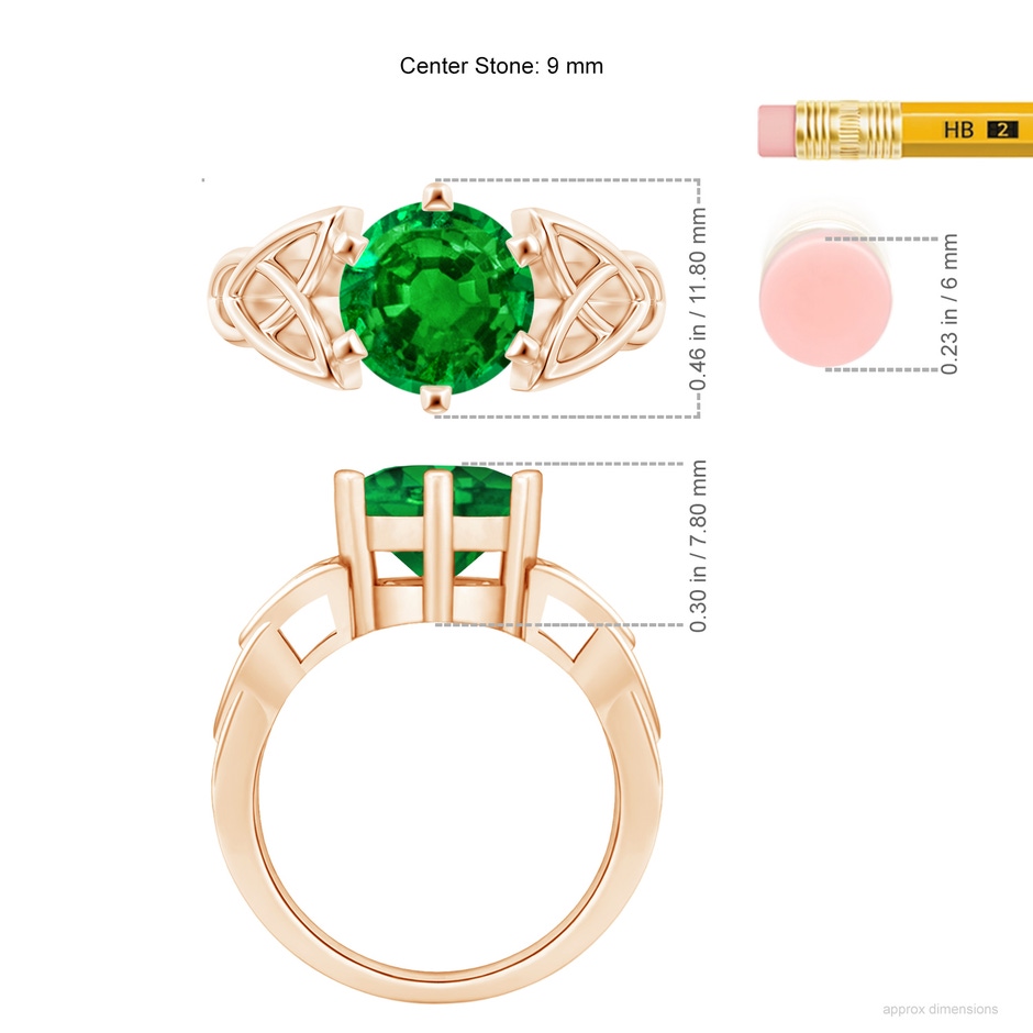 9mm AAAA Solitaire Round Emerald Celtic Knot Ring in Rose Gold ruler