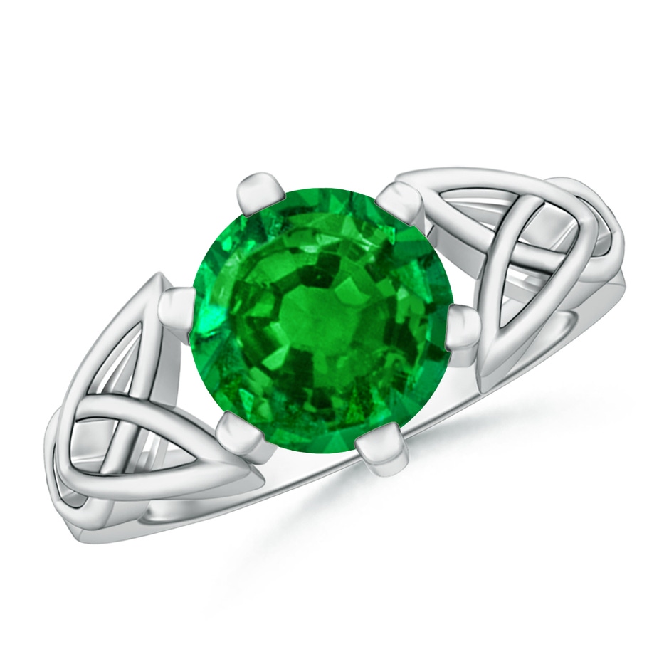9mm AAAA Solitaire Round Emerald Celtic Knot Ring in White Gold 
