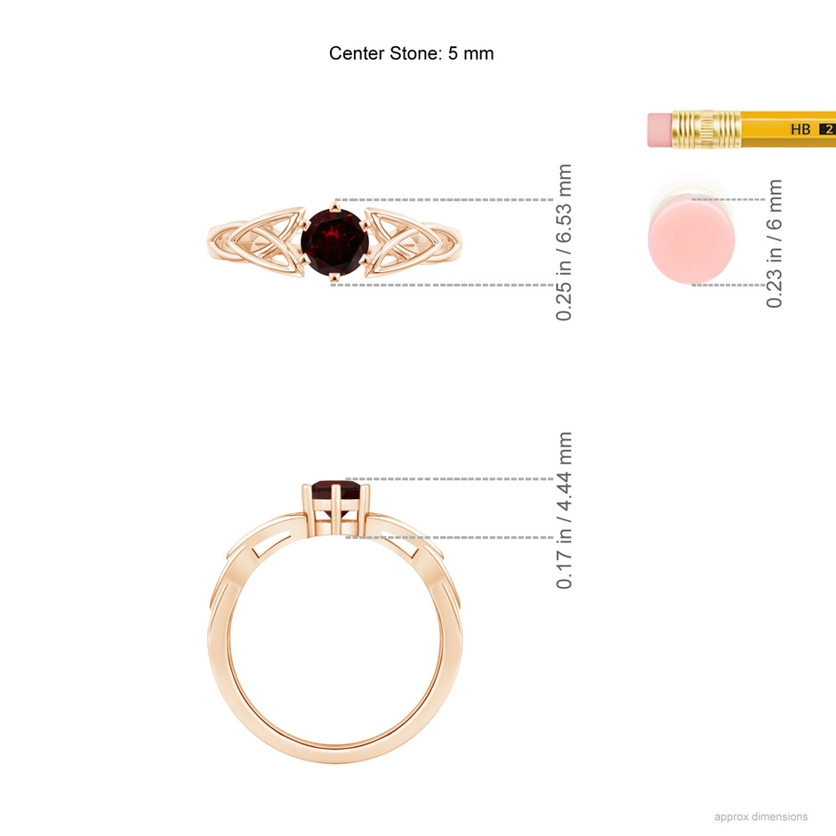 5mm A Solitaire Round Garnet Celtic Knot Ring in 18K Rose Gold ruler