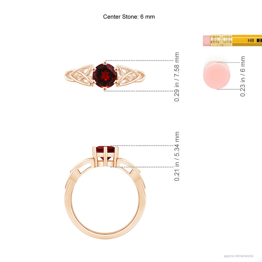 6mm AAAA Solitaire Round Garnet Celtic Knot Ring in Rose Gold Ruler