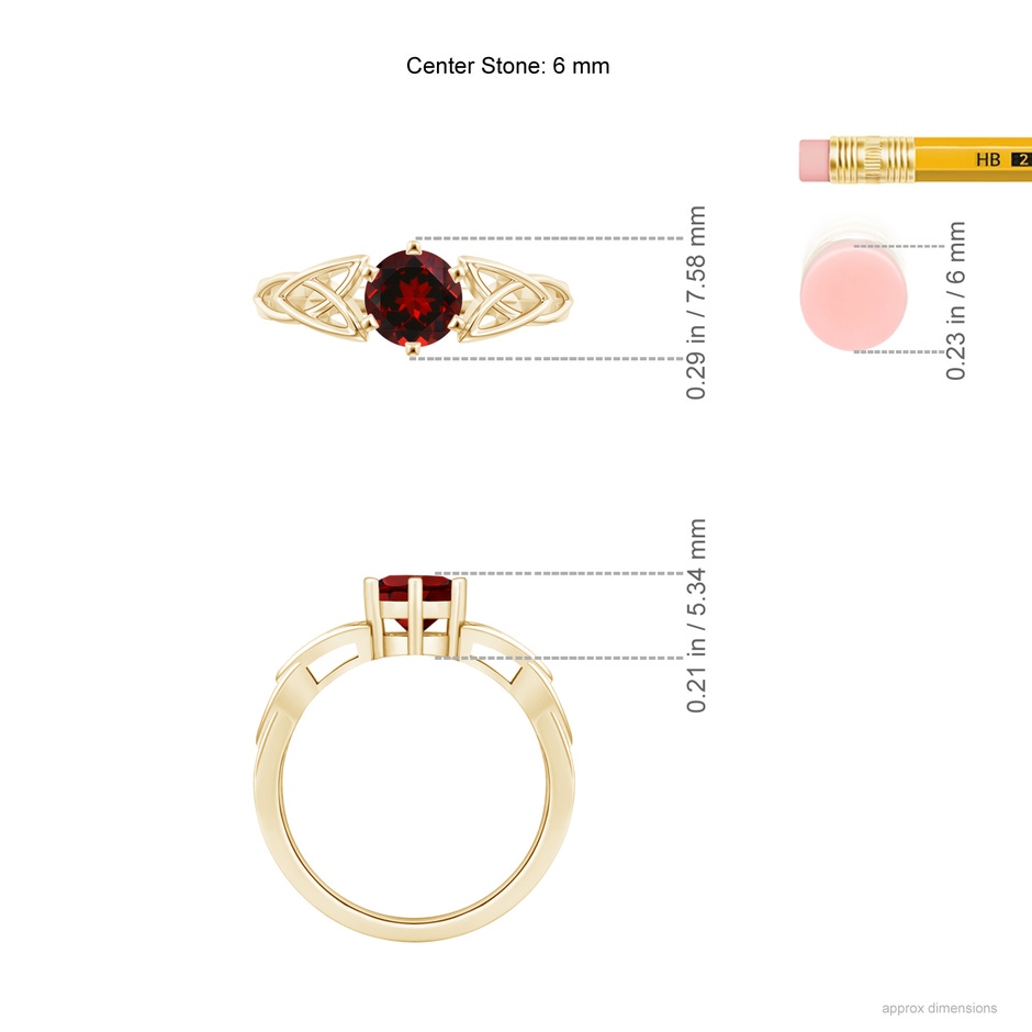 6mm AAAA Solitaire Round Garnet Celtic Knot Ring in Yellow Gold ruler